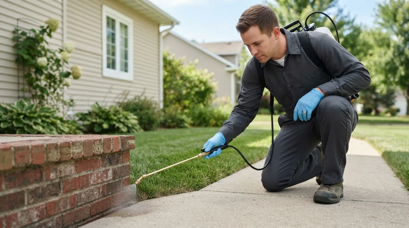 Pest control technician treating a home near Morgan, UT